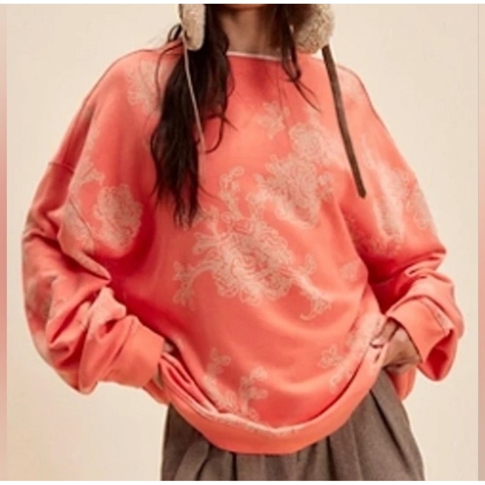 Free People We The Free Floral Sweatshirt Womens XL Coral Pink Oversized Boho